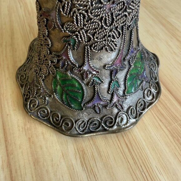 Vintage Enamel Cloisonne Bell With Floral Leaf Design Silver Ribbon Decorative S - Picture 5 of 10